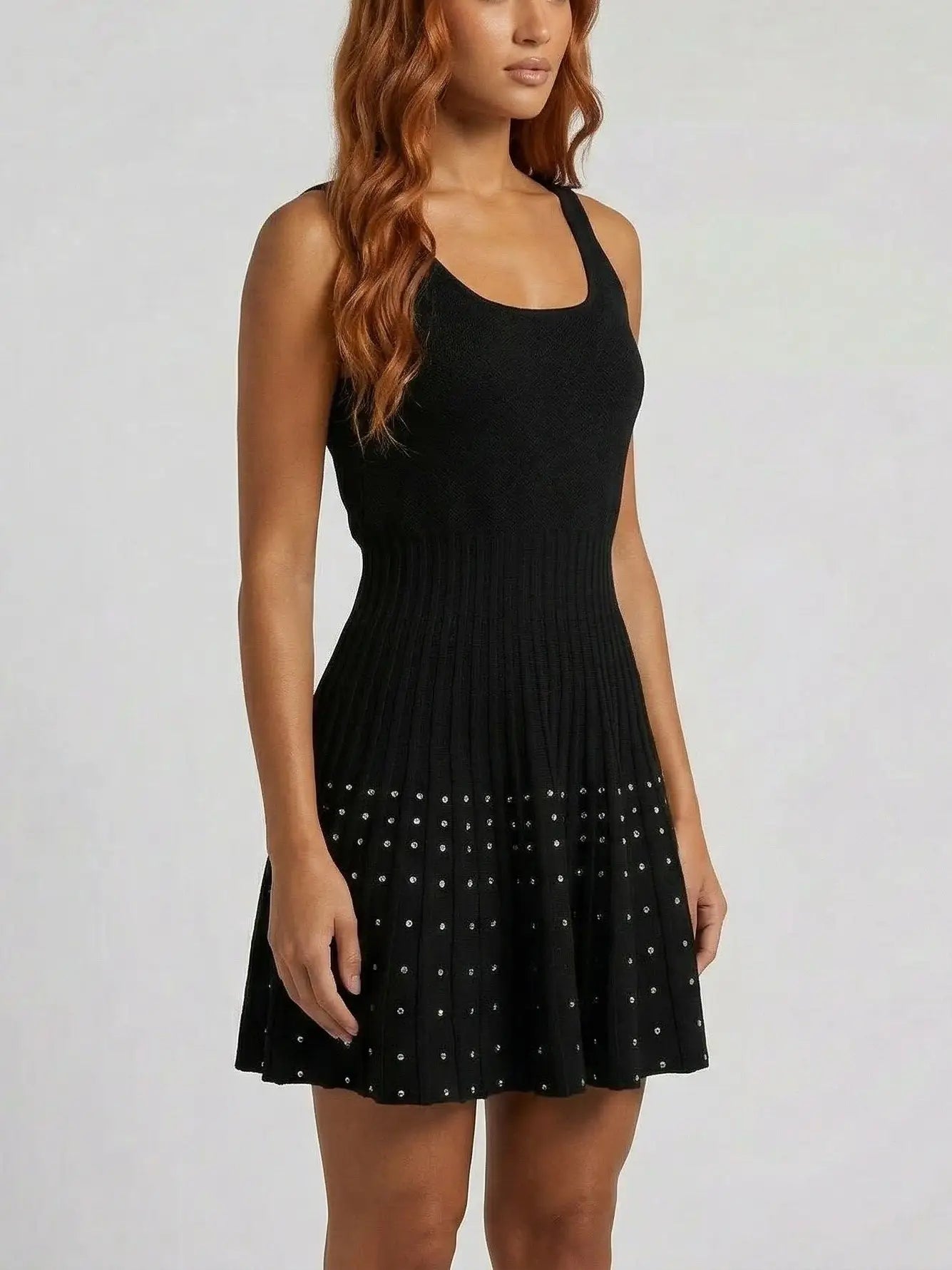 Black Crystal-Embellished Pleated Knit Mini Dress - Dresses