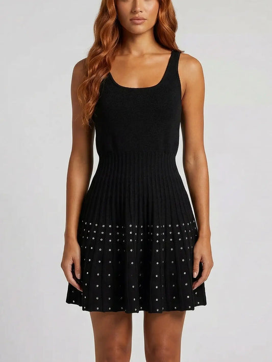 Black Crystal-Embellished Pleated Knit Mini Dress - Small - Dresses