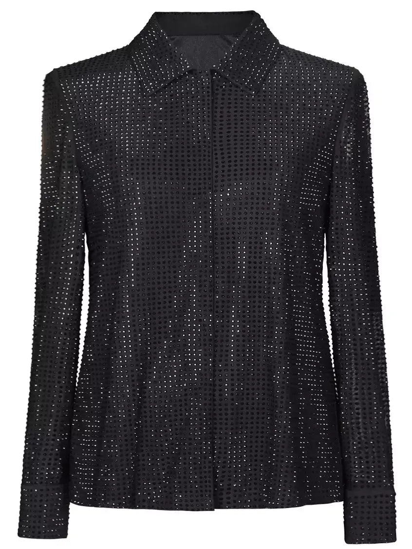 Black Crystal Embellished Mesh Shirt - Tops
