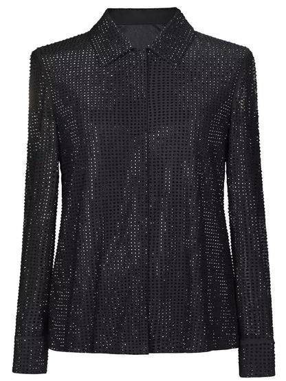 Black Crystal Embellished Mesh Shirt - Tops