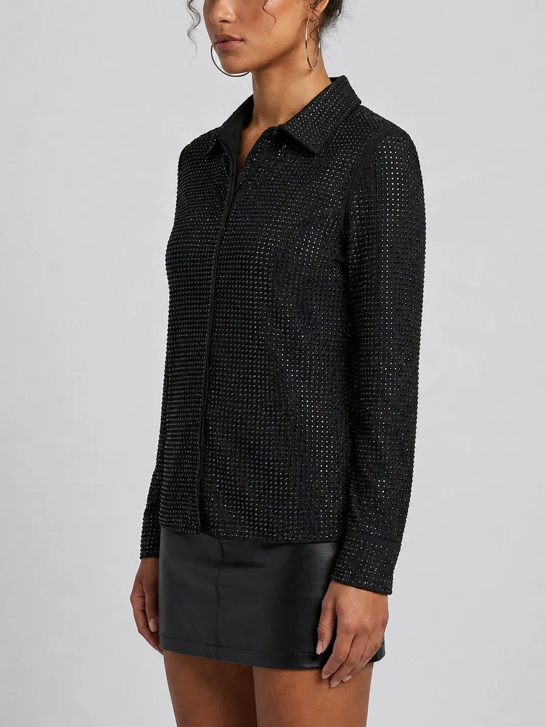 Black Crystal Embellished Mesh Shirt - Tops