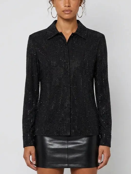 Black Crystal Embellished Mesh Shirt - Tops