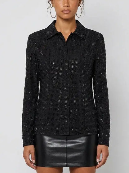 Black Crystal Embellished Mesh Shirt - Tops