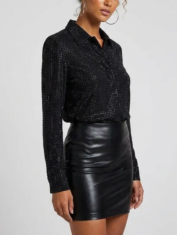 Black Crystal Embellished Mesh Shirt - Tops