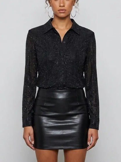 Black Crystal Embellished Mesh Shirt - Tops