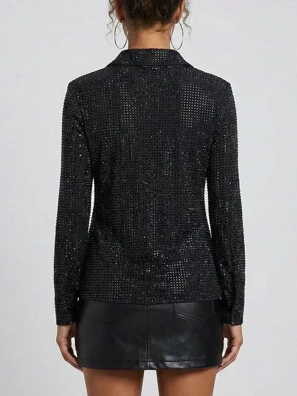 Black Crystal Embellished Mesh Shirt - Tops