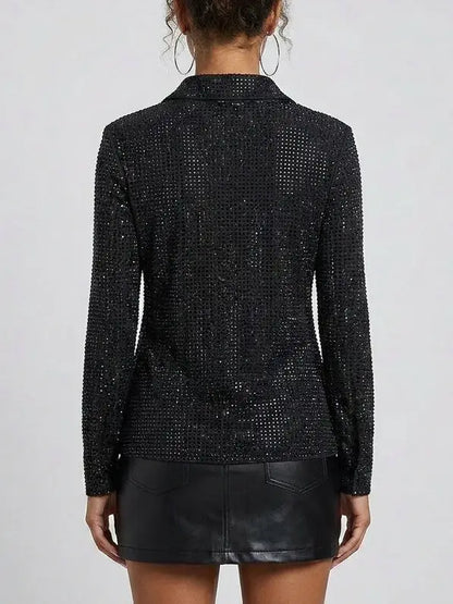 Black Crystal Embellished Mesh Shirt - Tops