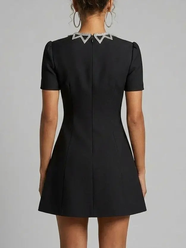 Black Crystal Neckline Fit and Flare Mini Dress Black Crystal Neckline Fit and Flare Mini Dress