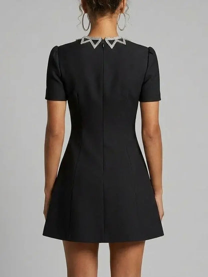 Black Crystal Neckline Fit and Flare Mini Dress - Dresses