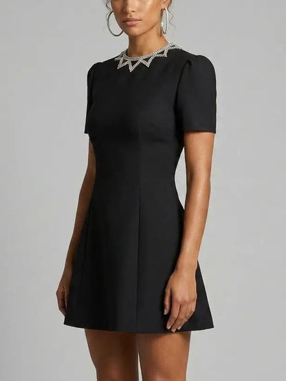 Black Crystal Neckline Fit and Flare Mini Dress - Dresses