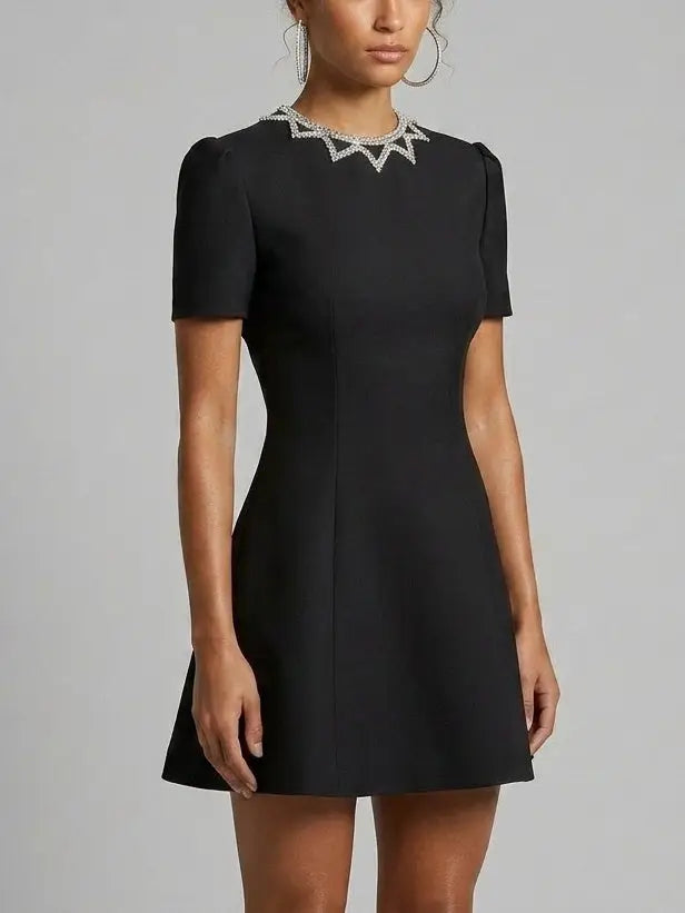Black Crystal Neckline Fit and Flare Mini Dress - Dresses