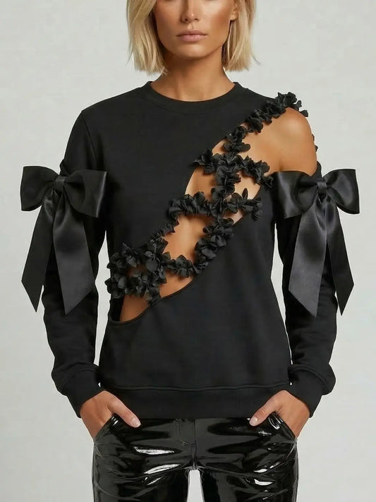 Black Cutout Sweatshirt with Bow and Floral Detail - Tops