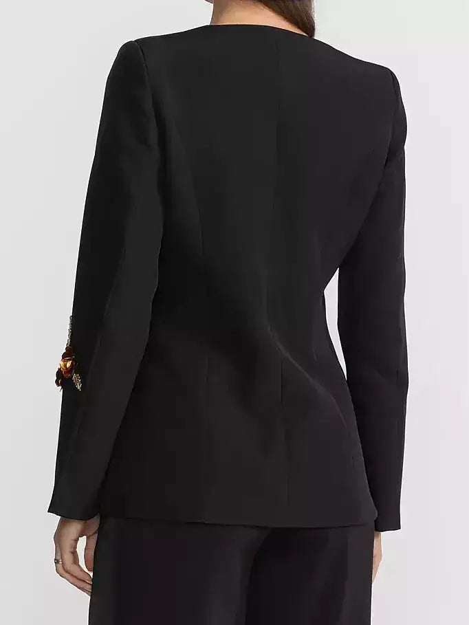 Black Deep V Embellished Floral Blazer Top - Jackets