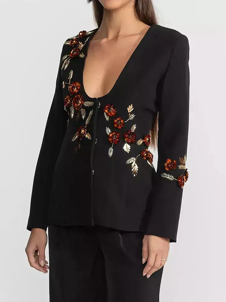 Black Deep V Embellished Floral Blazer Top - Jackets