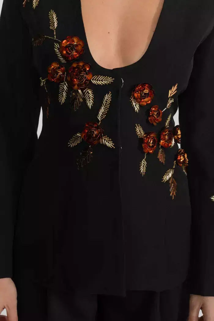 Black Deep V Embellished Floral Blazer Top - Jackets