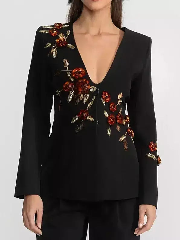 Black Deep V Embellished Floral Blazer Top - Jackets