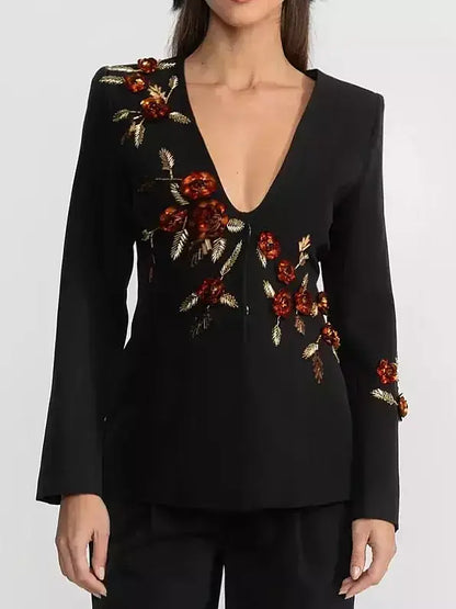 Black Deep V Embellished Floral Blazer Top - Jackets