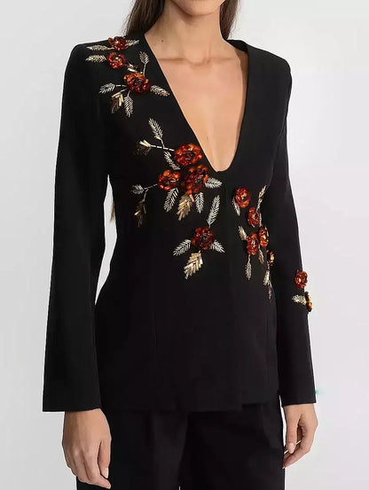 Black Deep V Embellished Floral Blazer Top - Jackets