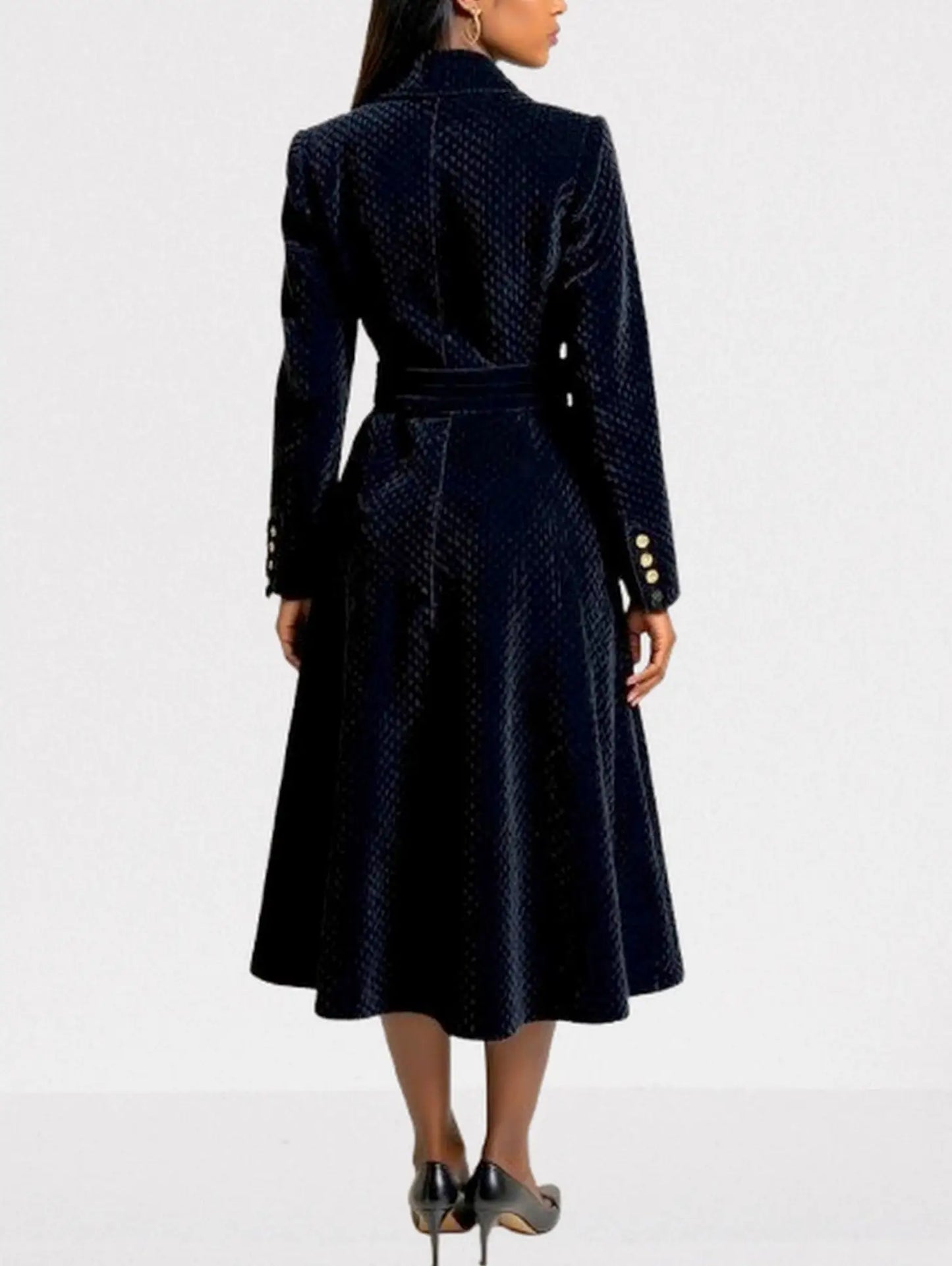 Black Quilted Velvet Coat with Gold Buttons - Coats