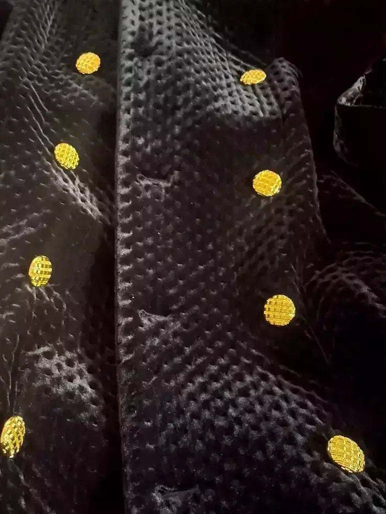 Black Quilted Velvet Coat with Gold Buttons - Coats