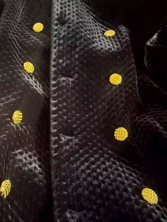 Black Quilted Velvet Coat with Gold Buttons - Coats