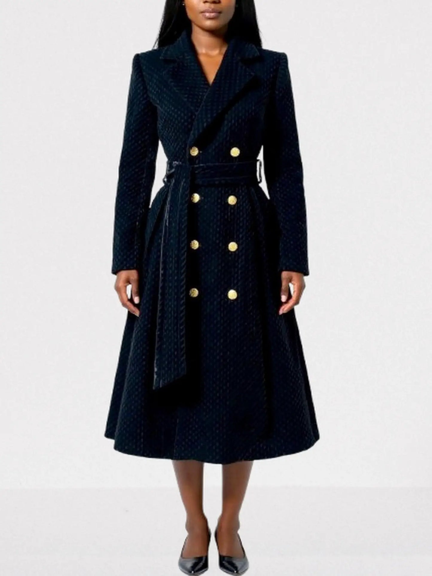 Black Quilted Velvet Coat with Gold Buttons - Coats