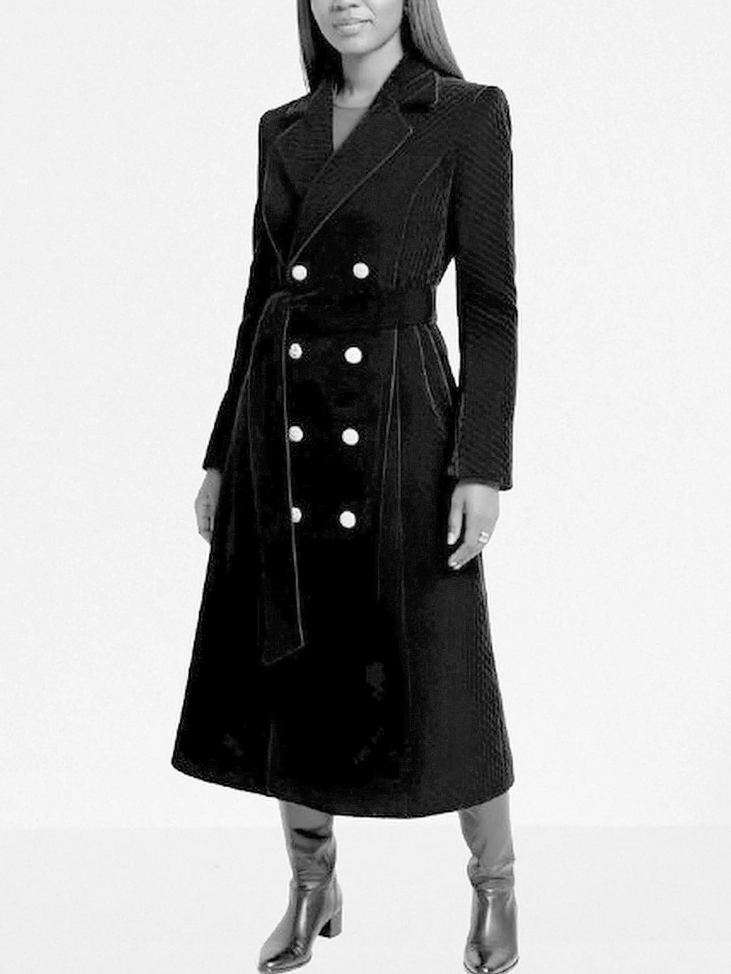 Black Quilted Velvet Coat with Gold Buttons - Coats