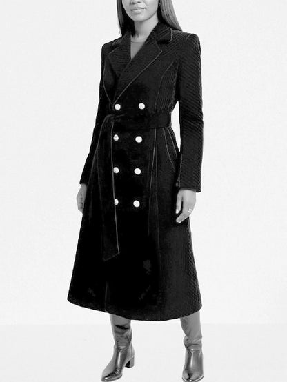 Black Quilted Velvet Coat with Gold Buttons - Coats