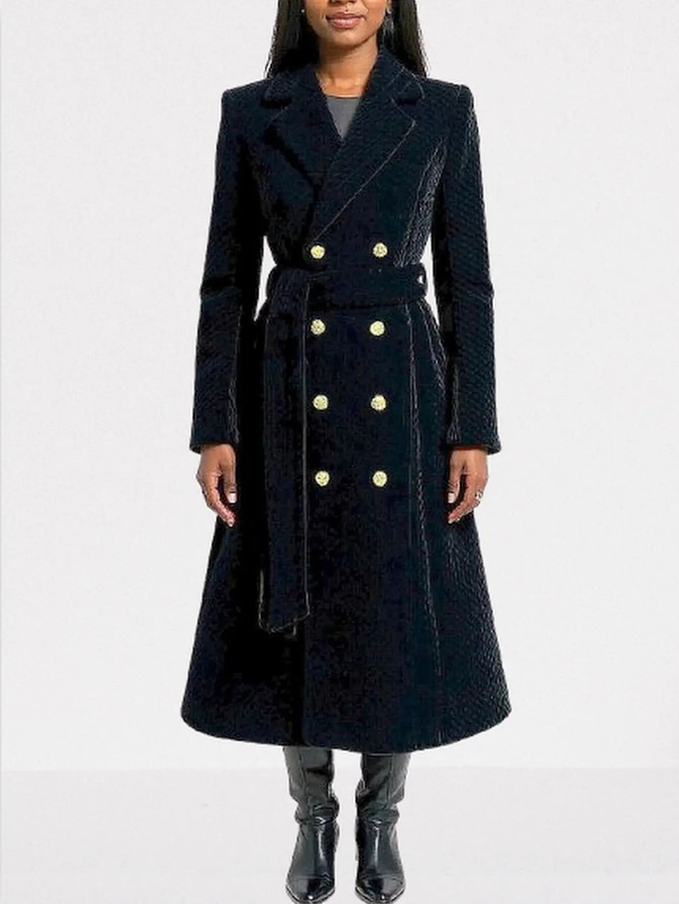 Black Quilted Velvet Coat with Gold Buttons - Coats