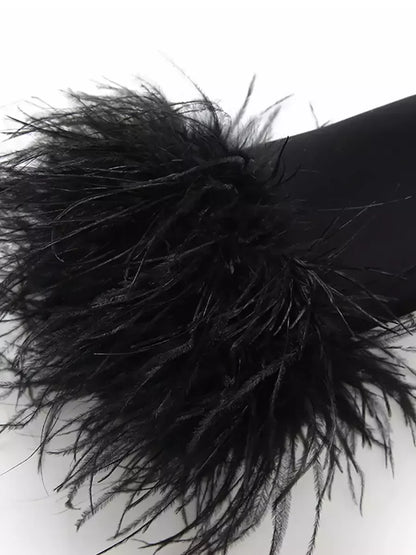 Black Double-Breasted Blazer with Feather-Trim Cuffs - Jackets