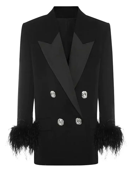 Black Double-Breasted Blazer with Feather-Trim Cuffs - Jackets