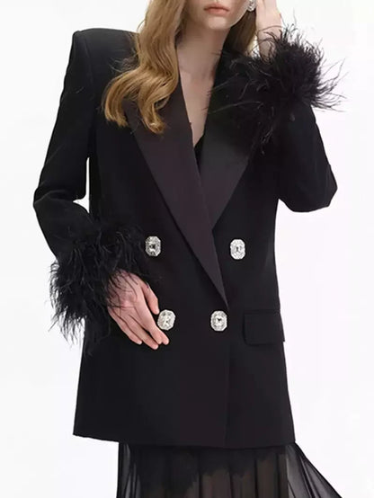 Black Double-Breasted Blazer with Feather-Trim Cuffs - Jackets