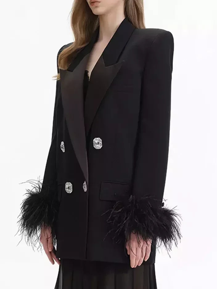 Black Double-Breasted Blazer with Feather-Trim Cuffs - Jackets
