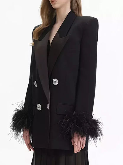 Black Double-Breasted Blazer with Feather-Trim Cuffs - Jackets
