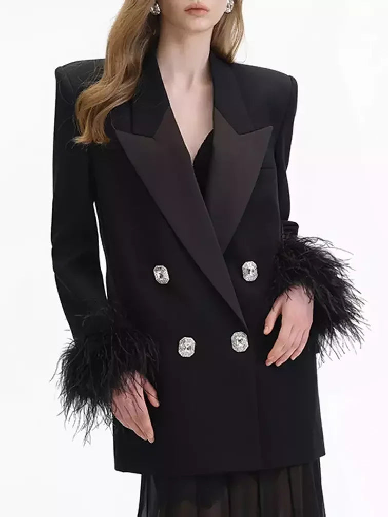 Black Double-Breasted Blazer with Feather-Trim Cuffs - Jackets