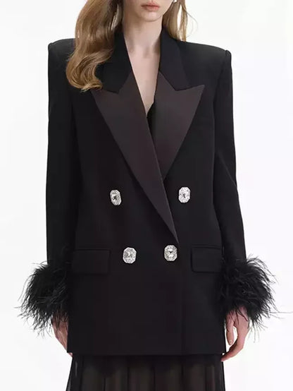 Black Double-Breasted Blazer with Feather-Trim Cuffs - Jackets