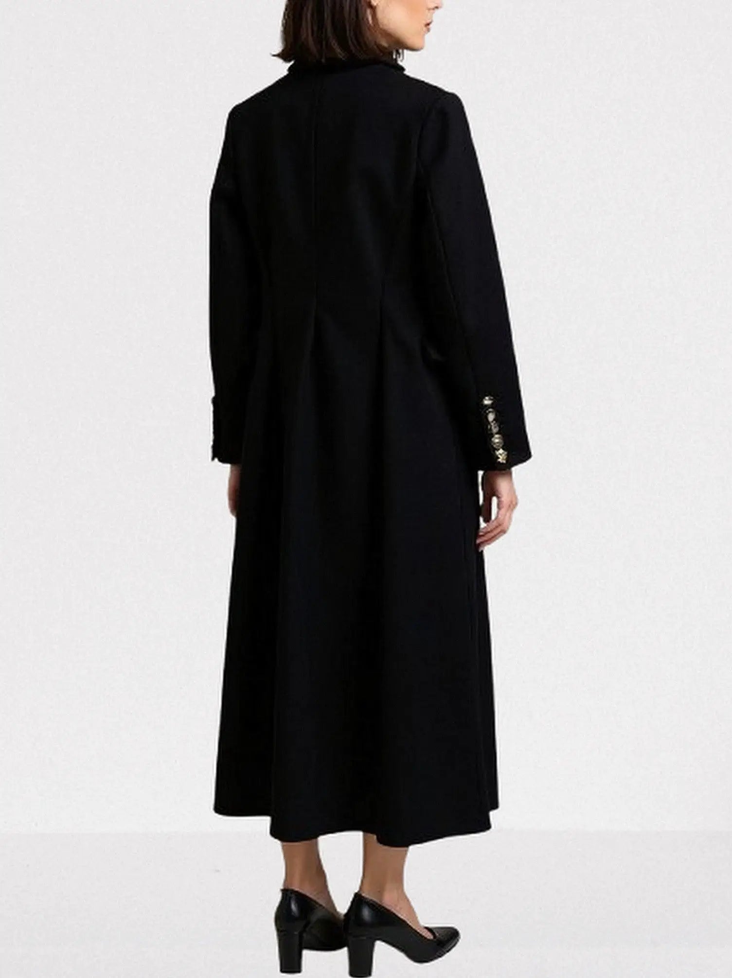 Black Double-Breasted Coat with Decorative Buttons - Coats