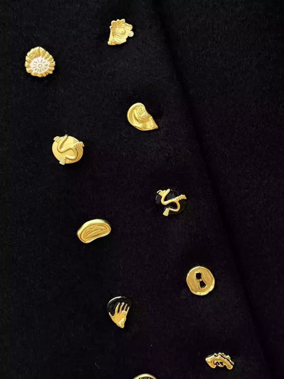 Black Double-Breasted Coat with Decorative Buttons - Coats