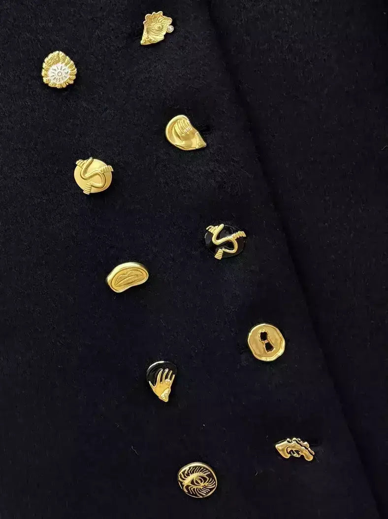 Black Double-Breasted Coat with Decorative Buttons - Coats