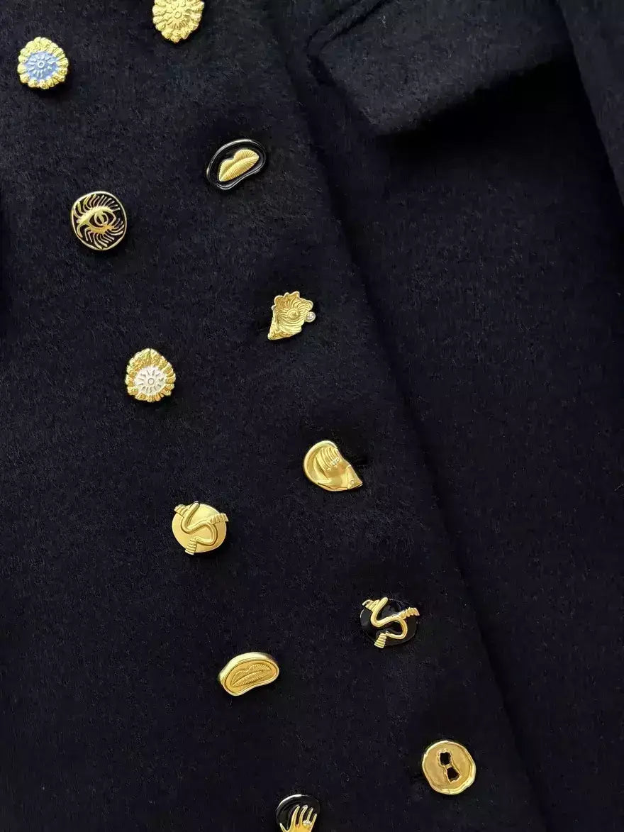 Black Double-Breasted Coat with Decorative Buttons - Coats