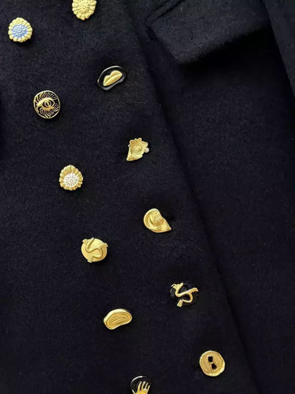 Black Double-Breasted Coat with Decorative Buttons - Coats