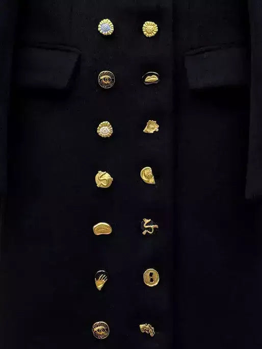 Black Double-Breasted Coat with Decorative Buttons - Coats