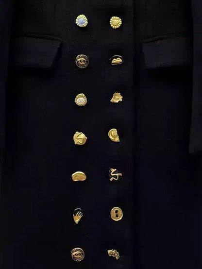 Black Double-Breasted Coat with Decorative Buttons - Coats