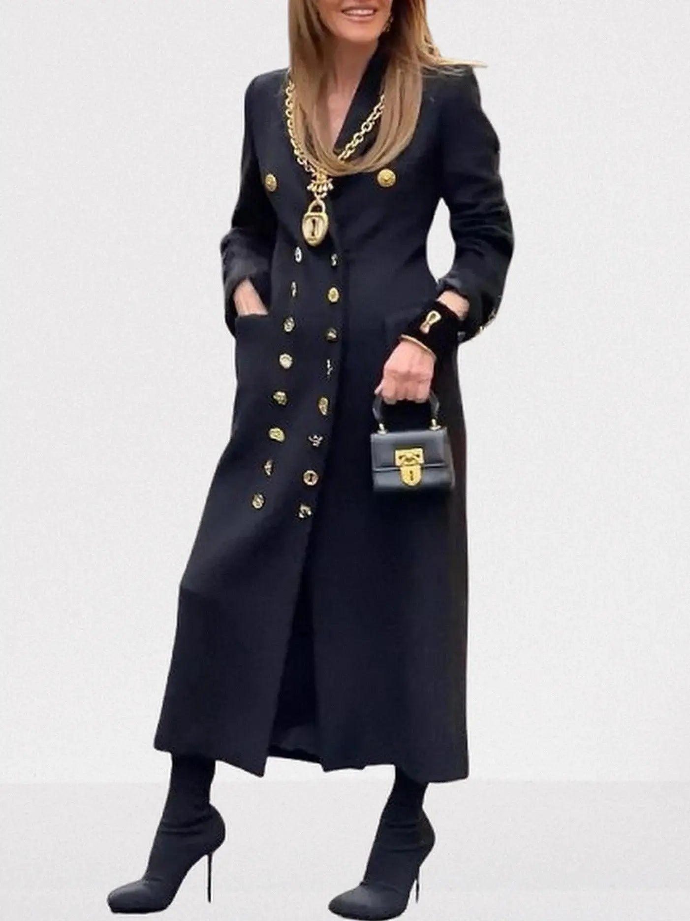 Black Double-Breasted Coat with Decorative Buttons - Coats