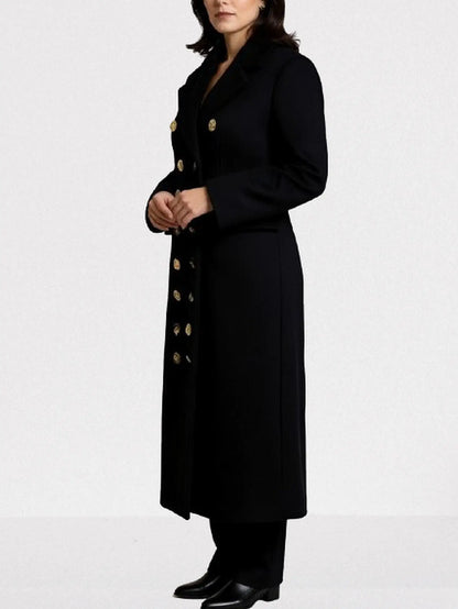 Black Double-Breasted Coat with Decorative Buttons - Coats