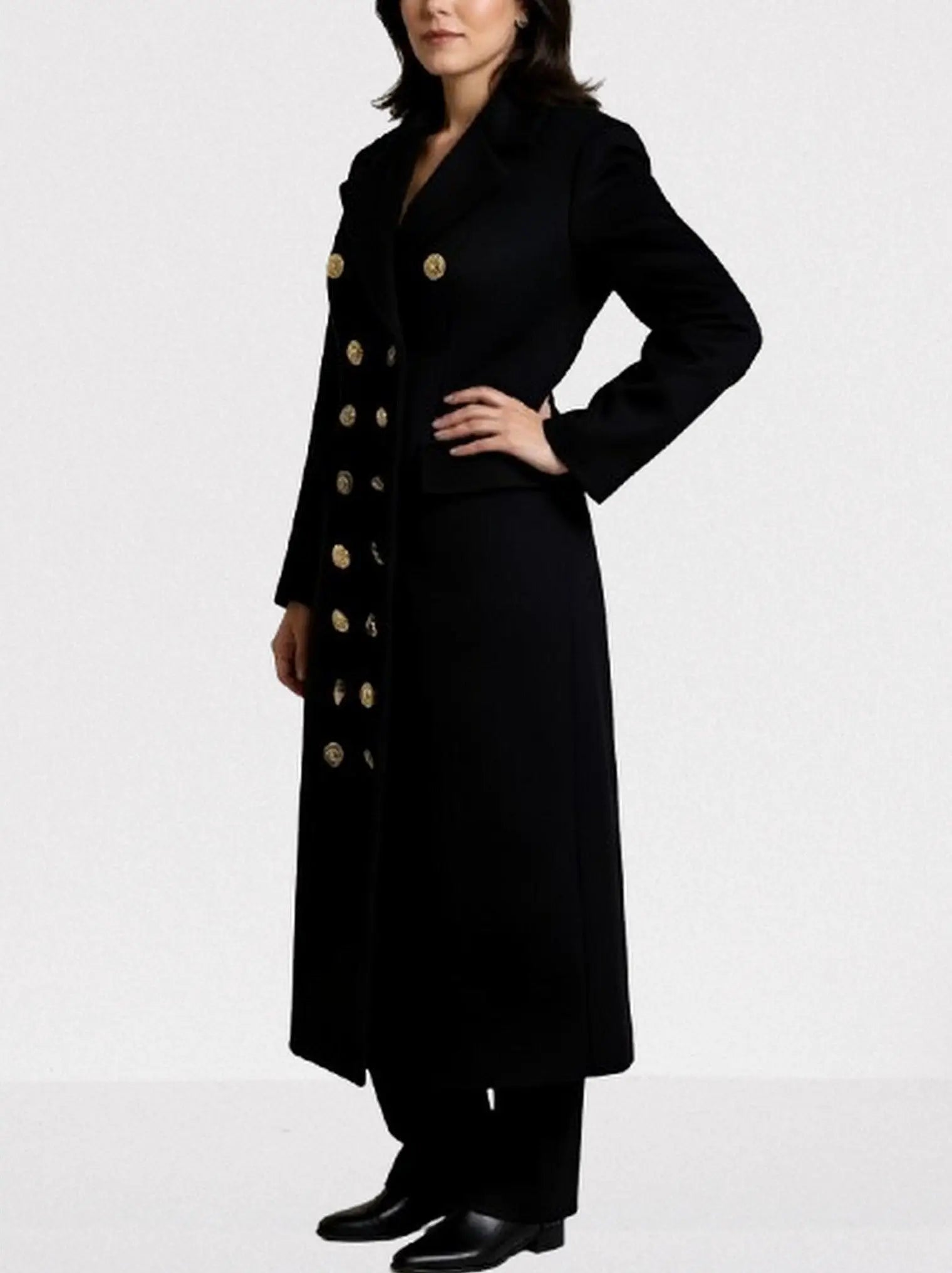 Black Double-Breasted Coat with Decorative Buttons - Coats
