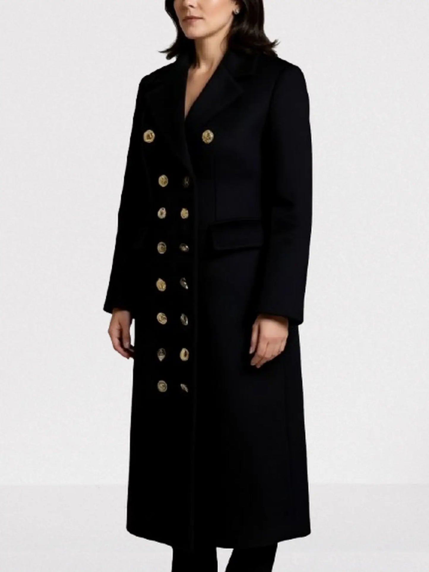 Black Double-Breasted Coat with Decorative Buttons - Coats