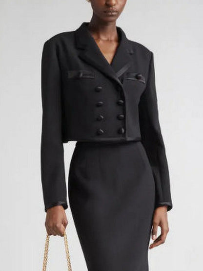 Black Double-Breasted Cropped Blazer Jacket - Jackets