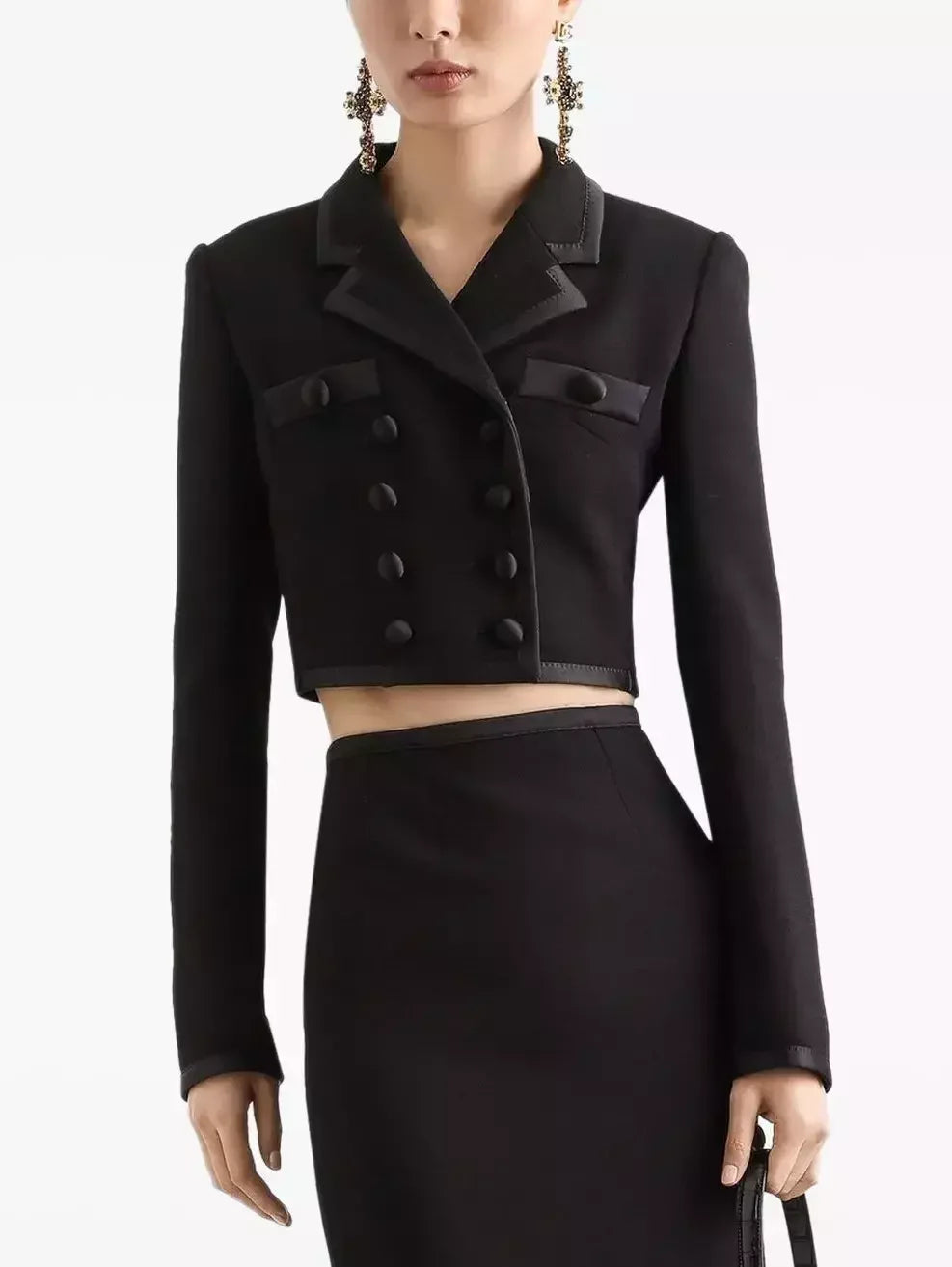 Black Double-Breasted Cropped Blazer Jacket - Jackets