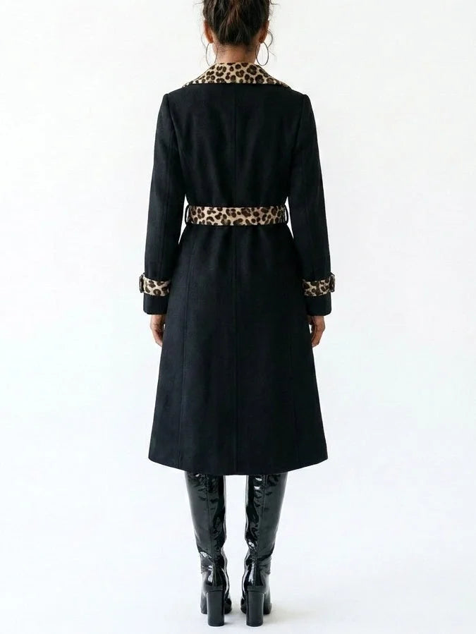 Black Double-Breasted Leopard Trim Trench Coat - Coats